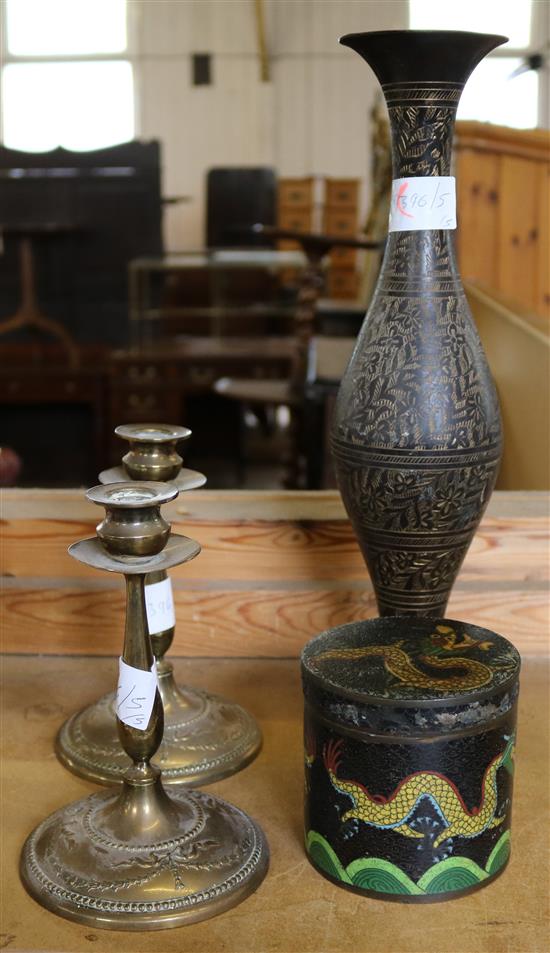 Pair of brass candlesticks, cloisonne box, corkscrew, metal vase and iron
